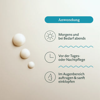 Gebrauchsanweisung in Deutsch: Nature Love Hyaluron Augencreme morgens und bei Bedarf abends auftragen. Vor der Tages- oder Nachtpflege verwenden. Sanft im Augenbereich auftragen und einklopfen.