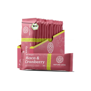 Nature Love Bio-Riegel Snack-Riegel - biologisch, vegan, mit Maca & Cranberry. Rosa-gelbe Verpackung, beschriftet mit "veganer Snack" und "ohne Zuckerzusatz". Perfekt für den leckeren Snack zwischendurch!.
