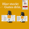 Zwei Flaschen Nature Love Vitamin D3 & K2 - Family-Set sind vor einem gelben Hintergrund mit deutschem Text und einem Qualitätssiegel abgebildet.