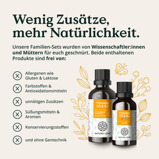 Zwei Flaschen Nature Love Vitamin D3 & K2 - Family-Set sind neben einem Text abgebildet, der hervorhebt, dass das Produkt keine Zusatzstoffe, Allergene, Konservierungsmittel oder künstliche Zutaten enthält.
