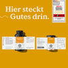 Abgebildet sind zwei Flaschen Nature Love's Vitamin C - Family-Set mit Etiketten vor gelbem Hintergrund mit deutschem Text und einem Qualitätssiegel in der rechten oberen Ecke.
