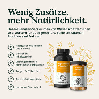Ein Nature Love Vitamin C - Family-Set mit einer schwarzen Flasche und orangefarbenem Etikett steht neben einer schwarzen Flasche mit weißem Etikett.