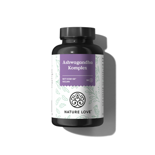 Nature Love Ashwagandha Komplex Kapseln, 90 vegane Kapseln zur Unterstützung der inneren Ruhe mit kraftvollen Adaptogenen enthält.