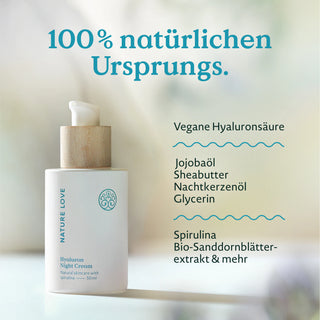 Eine weiße Flasche mit Deckel, die die Nature Love Hyaluron Night Cream enthält.