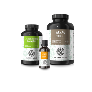 Knochenliebe-Set von Nature Love: Magnesium Komplex, MSM 2000 und Vitamin D3+K2 Tropfen.