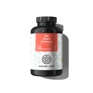 Bio Maca Schwarz Kapseln von Nature Love, vegan, aus Bio-Maca-Pulver hergestellt, aus den peruanischen Anden stammt.