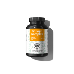 Eine schwarze Flasche mit der Aufschrift „Shilajit Komplex“ von NATURE LOVE, die ein weiß-orangefarbenes Design aufweist, ist als veganes Produkt gekennzeichnet und enthält Ginseng.