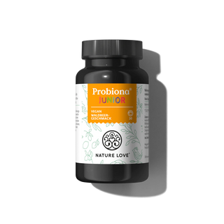 Probiona® Junior Pulver" von Nature Love, vegan, Waldbeerengeschmack, 30 Kapseln mit 4 Milliarden KBE Bakterienkulturen für Kinder.