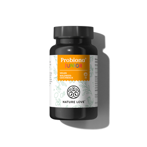 Probiona® Junior Pulver" von Nature Love, vegan, Waldbeerengeschmack, 30 Kapseln mit 4 Milliarden KBE Bakterienkulturen für Kinder.