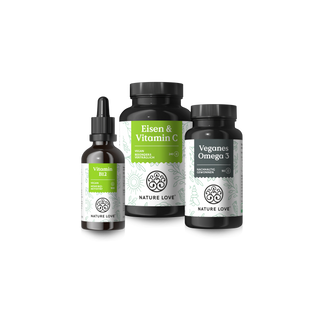 Rundum-Vegan-Set von Nature Love Vitamin B12, Eisen & Vitamin C und Omega 3 vegan